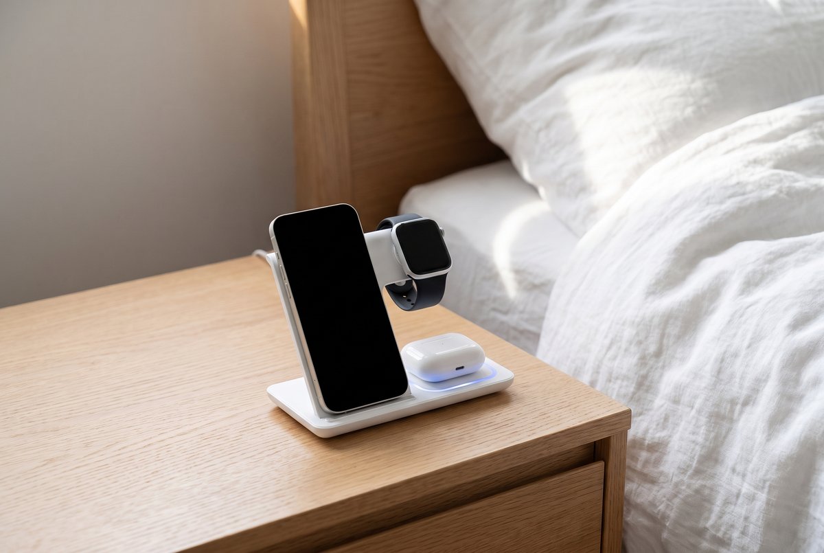 Station de charge sans fil sur une table de chevet