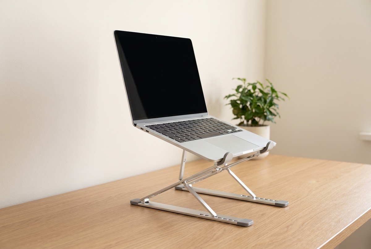 Ordinateur portable relevé sur un support en aluminium