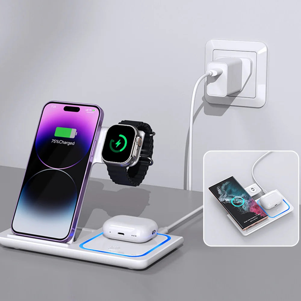 Station de charge 3 en 1 posée sur un meuble, branchée à une prise