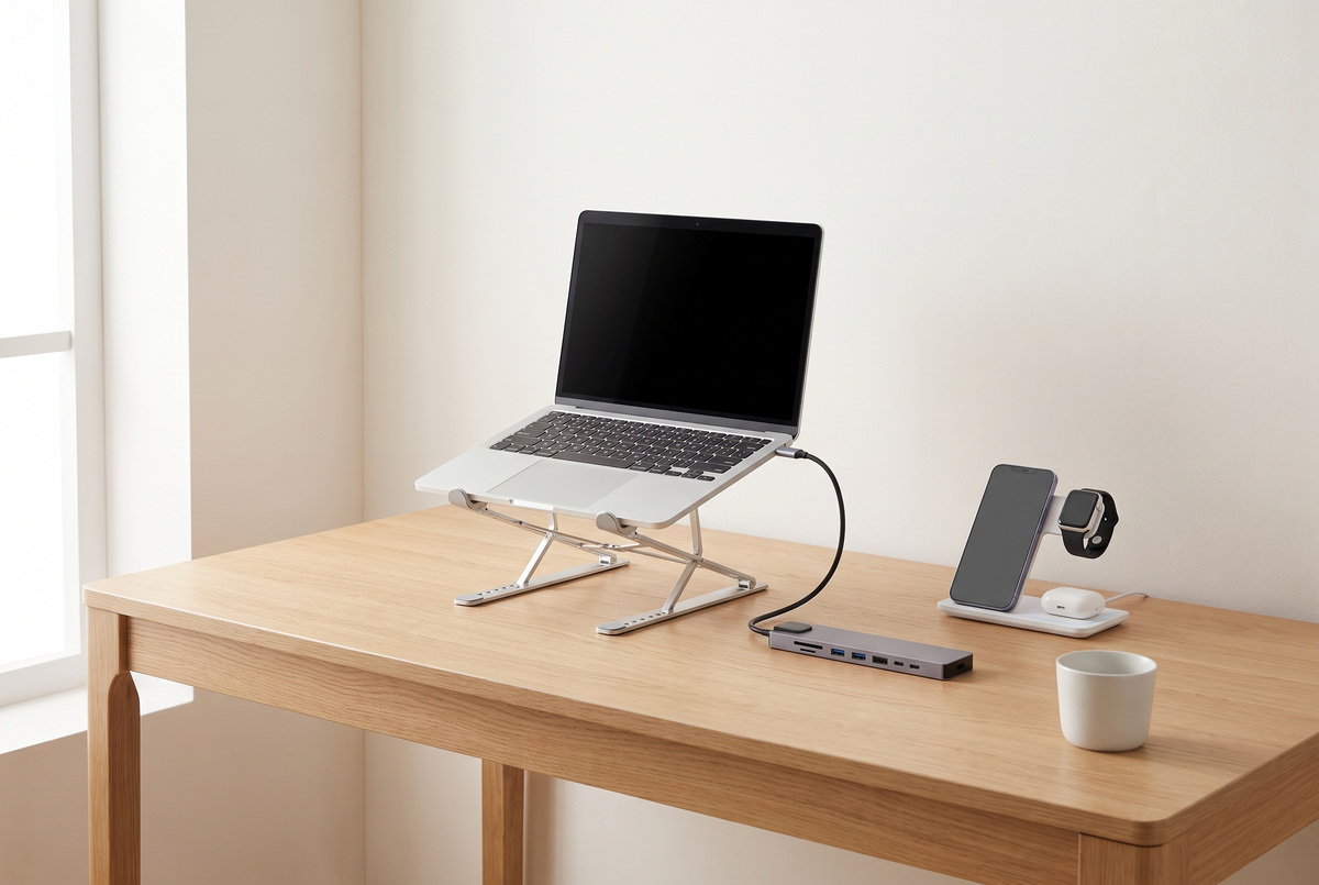 Bureau en chêne clair avec un ordinateur sur son support, un hub USB-C et une station de charge