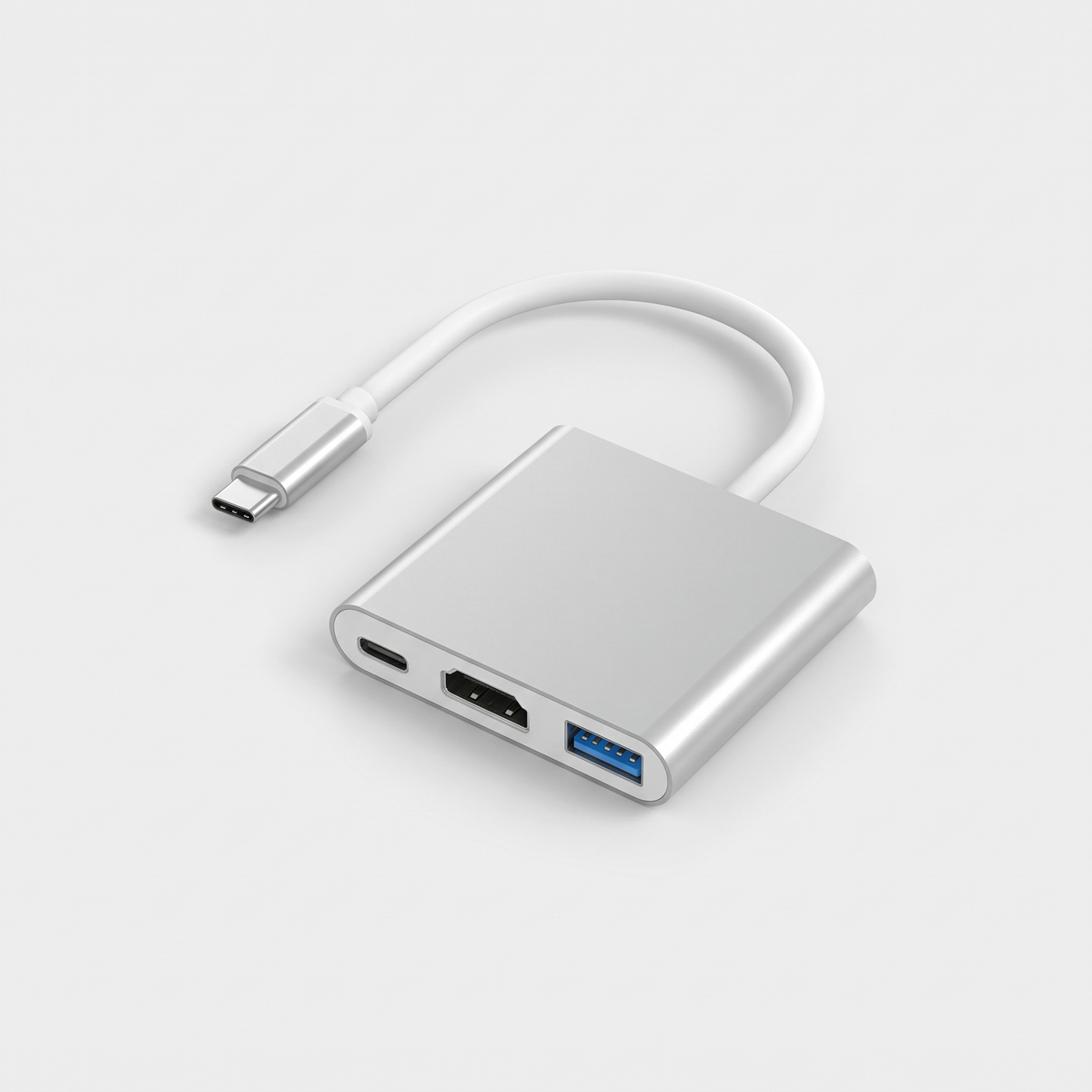 Adaptateur USB-C 3 en 1 gris argent avec ses ports USB-C, HDMI et USB-A