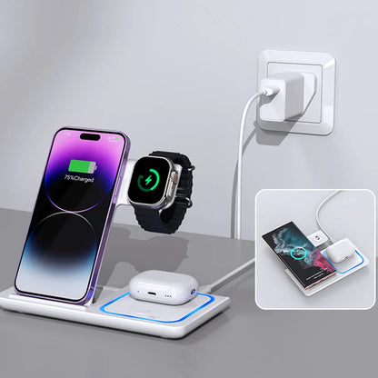 Station de charge 3 en 1 posée sur un meuble, branchée à une prise