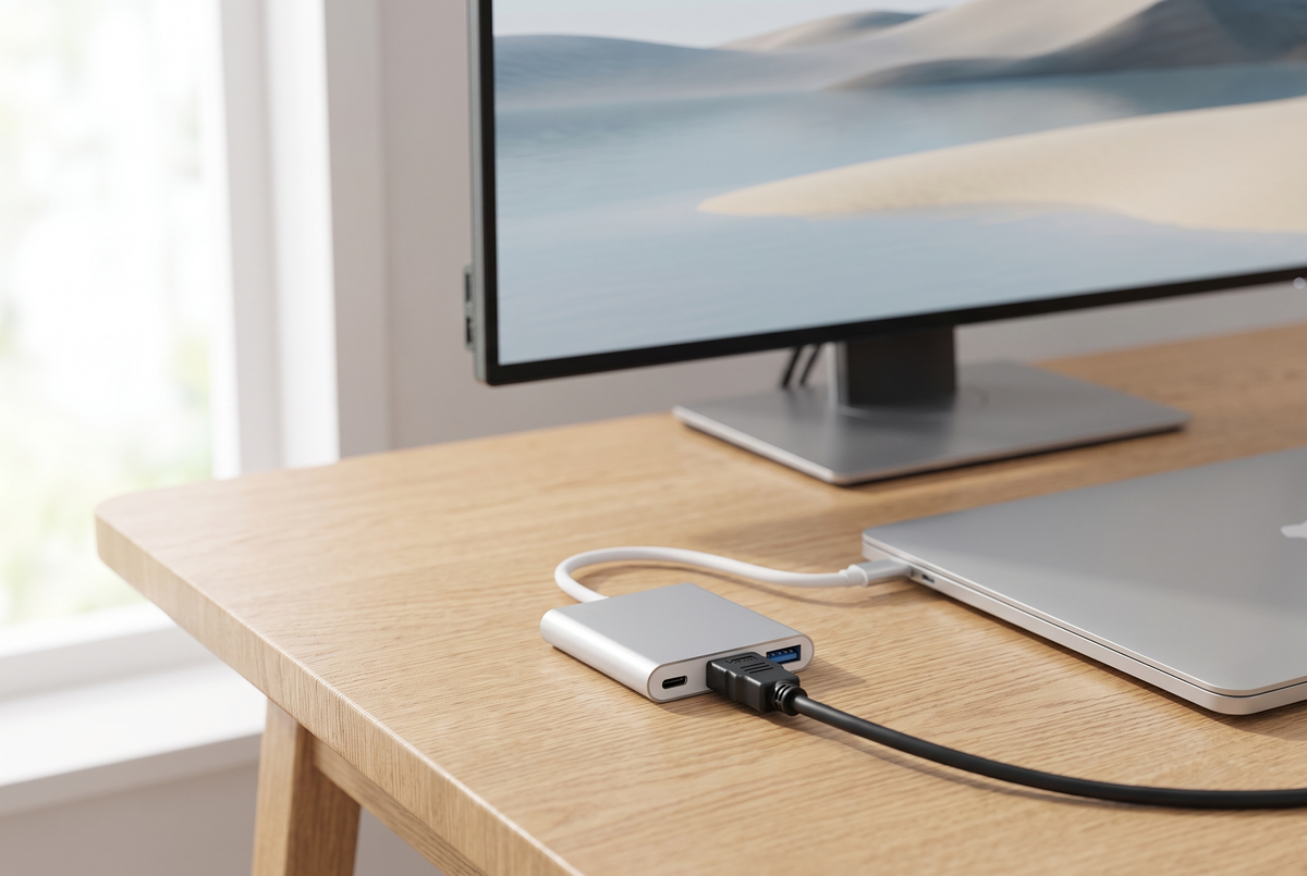 Adaptateur USB-C 3 en 1 reliant un ordinateur portable à un écran externe