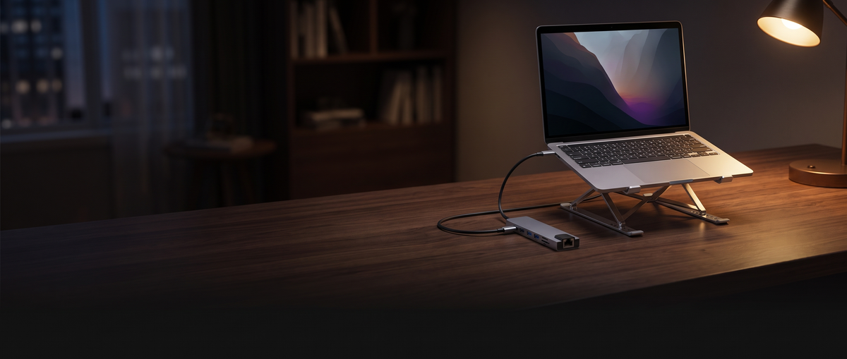 Ordinateur portable sur son support, hub USB-C branché, sur un bureau le soir