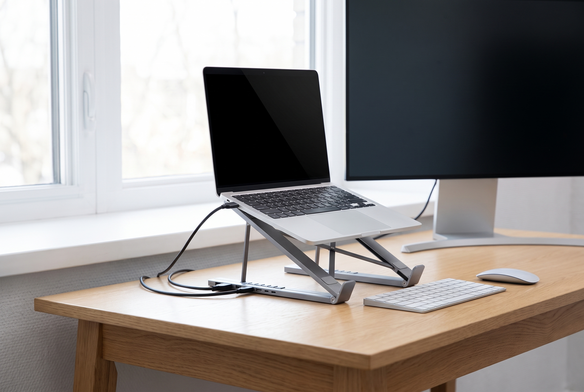 Ordinateur portable posé sur le support avec hub, relié à un écran externe sur un bureau en bois clair