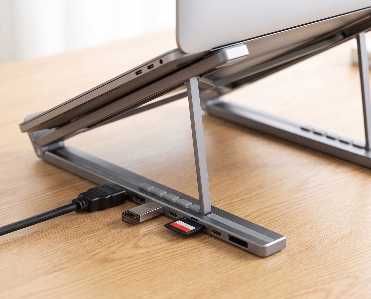 Gros plan sur les ports du support : câble HDMI, clé USB et carte SD branchés