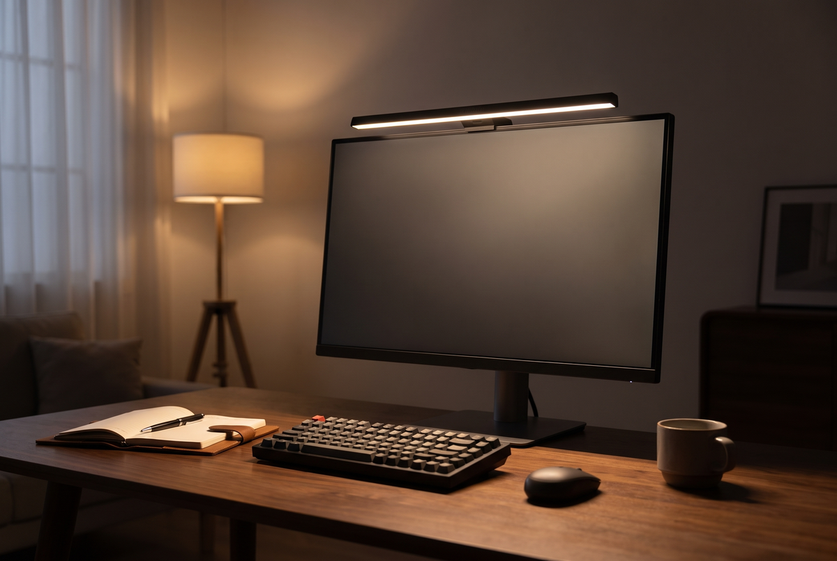 Lampe d’écran allumée sur un moniteur, éclairant le clavier et le bureau le soir