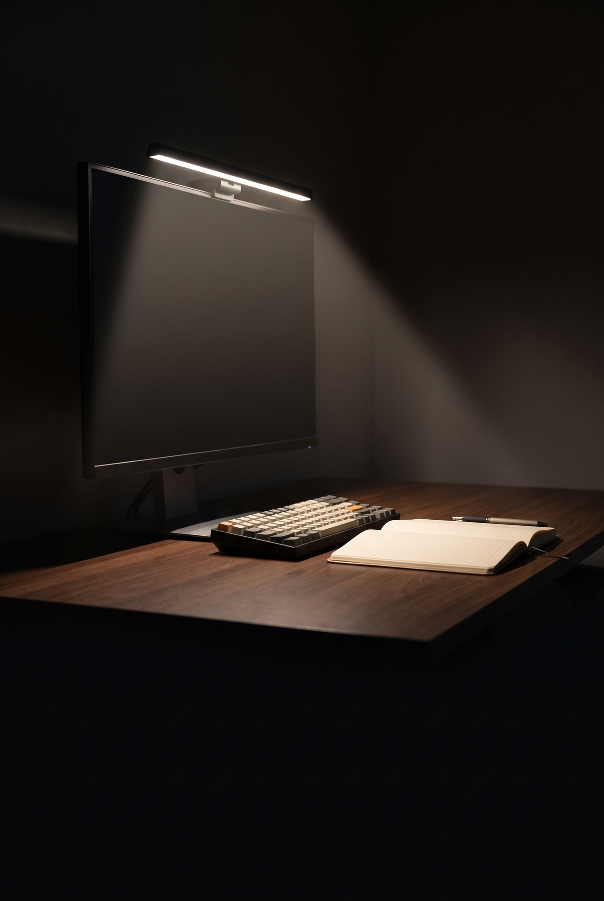 Lampe d’écran dans une pièce sombre : la lumière tombe sur le bureau, pas sur l’écran