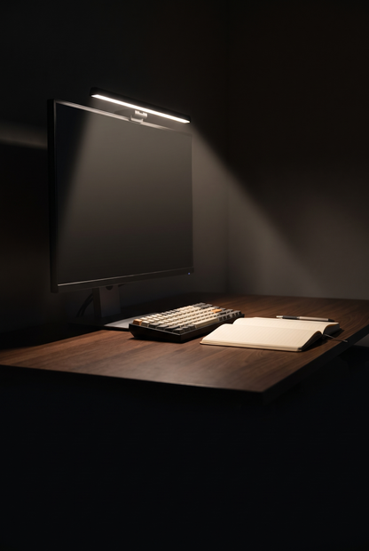 Lampe d’écran dans une pièce sombre : la lumière tombe sur le bureau, pas sur l’écran