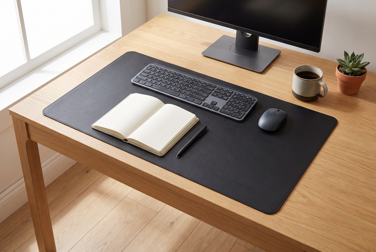 Sous-main noir sur un bureau en bois clair avec clavier, souris et carnet
