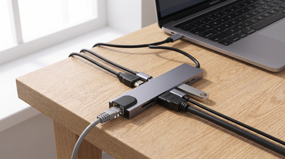 Hub USB-C 8 en 1 branché à un ordinateur, avec ses câbles HDMI, Ethernet et une clé USB